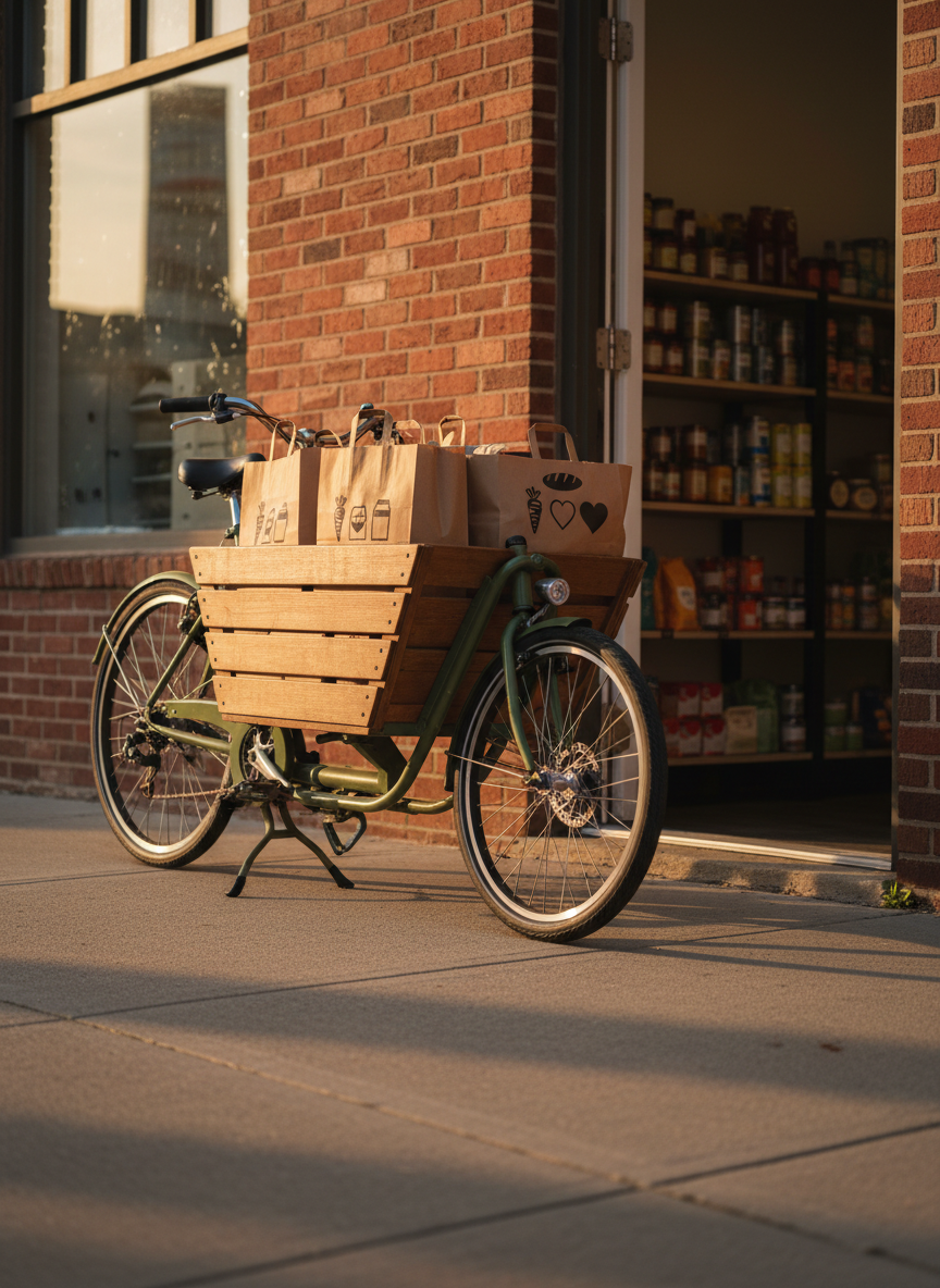 An open cargo-style bicycle parked beside the entrance of a small neighborhood food pantry, its wooden crate filled with neatly packed brown paper bags and boxes labeled with discrete icons for groceries, all arranged to avoid text and people. Warm golden hour light casts long, soft shadows on the sidewalk and illuminates the subtle textures of the worn concrete and brick storefront. Inside the slightly open door, shelves of canned goods and produce are visible in gentle blur. Photographic realism from a low-angle three-quarter view emphasizes the bike and its cargo as symbols of self-driven service, with a warm, hopeful, and authentically grassroots mood that highlights quiet, practical volunteer work.