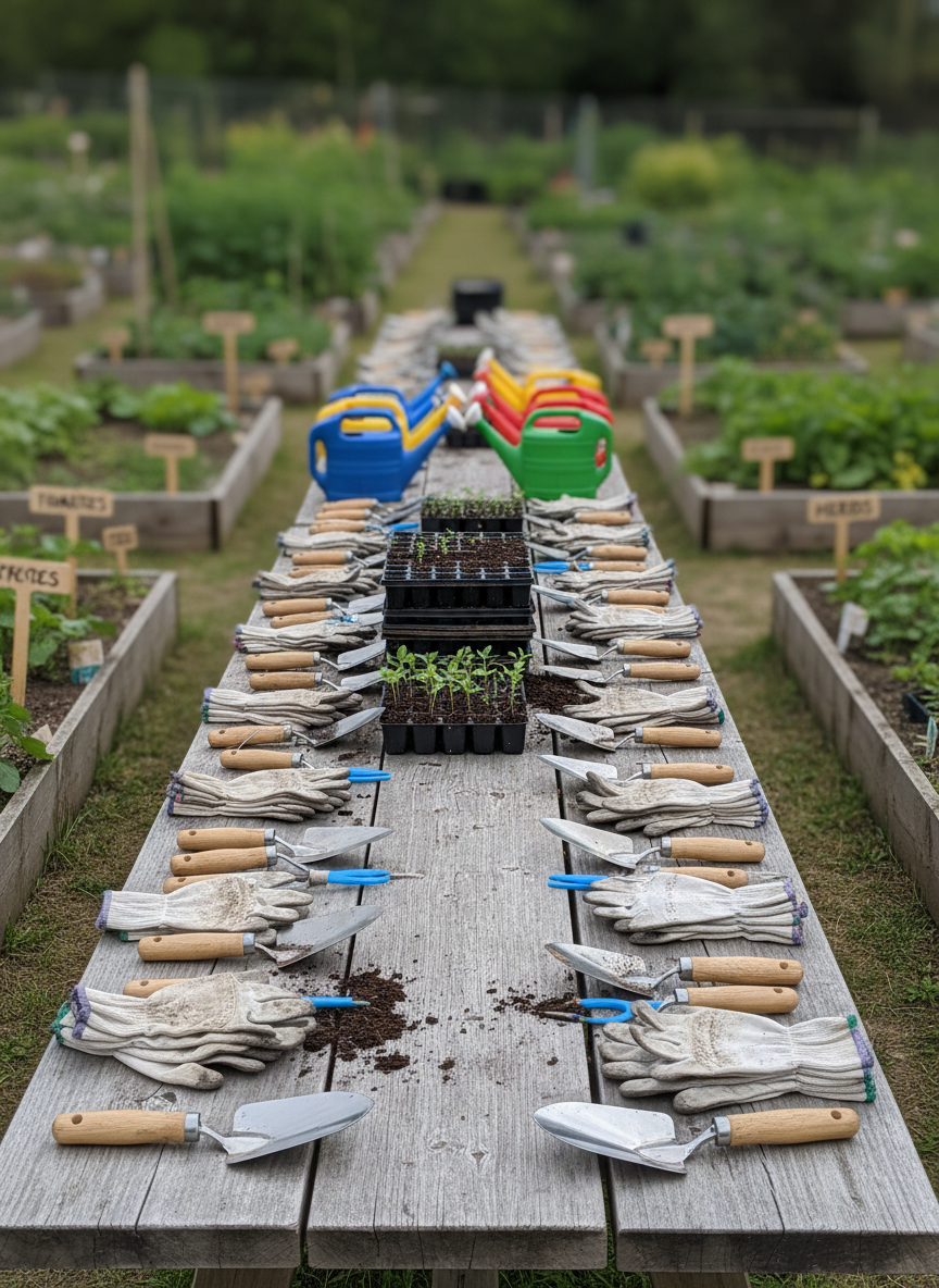 A long weathered wooden table outdoors in a community garden, neatly lined with gardening gloves, trowels, bright plastic watering cans, and stacks of seedling trays ready for a volunteer day, with no people visible. Rich soil spills from some containers, and labeled wooden stakes indicate different vegetable beds in the background. Overhead, diffused overcast light softens the colors and creates a calm, focused atmosphere, while subtle reflections glimmer on metal tools. The composition uses the rule of thirds, shot from a slightly elevated angle, with sharp focus on the tools and a gentle bokeh of lush green plants and raised beds behind, conveying organized teamwork and hands-on community impact in a realistic photographic style.
