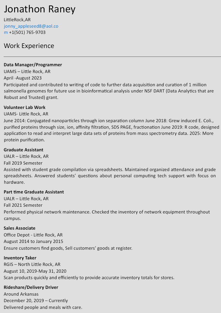 Jonathon Raney's resume showing work experience including Data Manager at UAMS, Graduate Assistant at UALR, and other roles in Little Rock, AR.