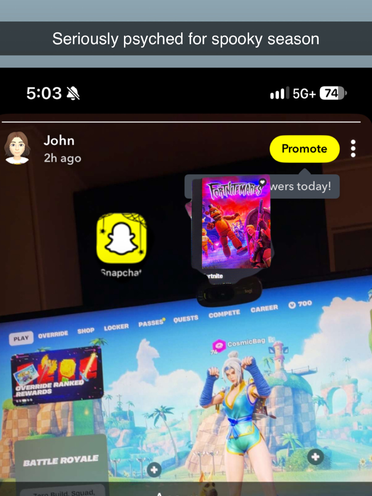 Fortnite game displayed on a screen during spooky season.